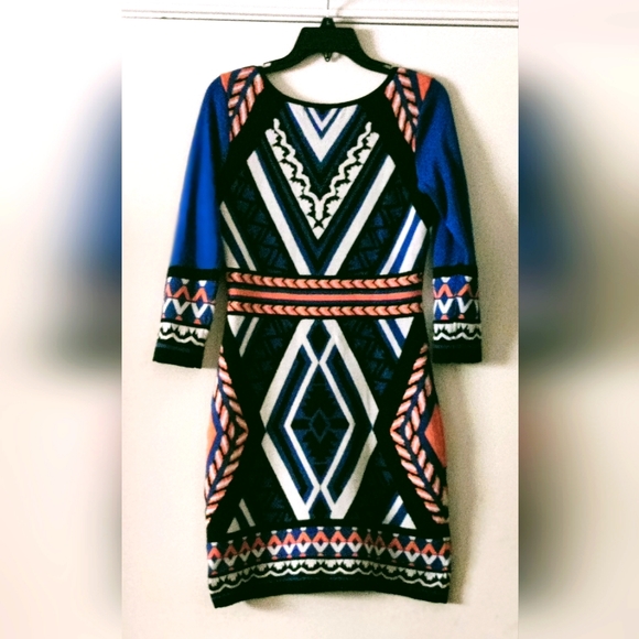 Flying Tomato Anthropology Sweater Dress Blue Boho Beatriz Aztec Southwest M - Picture 2 of 2